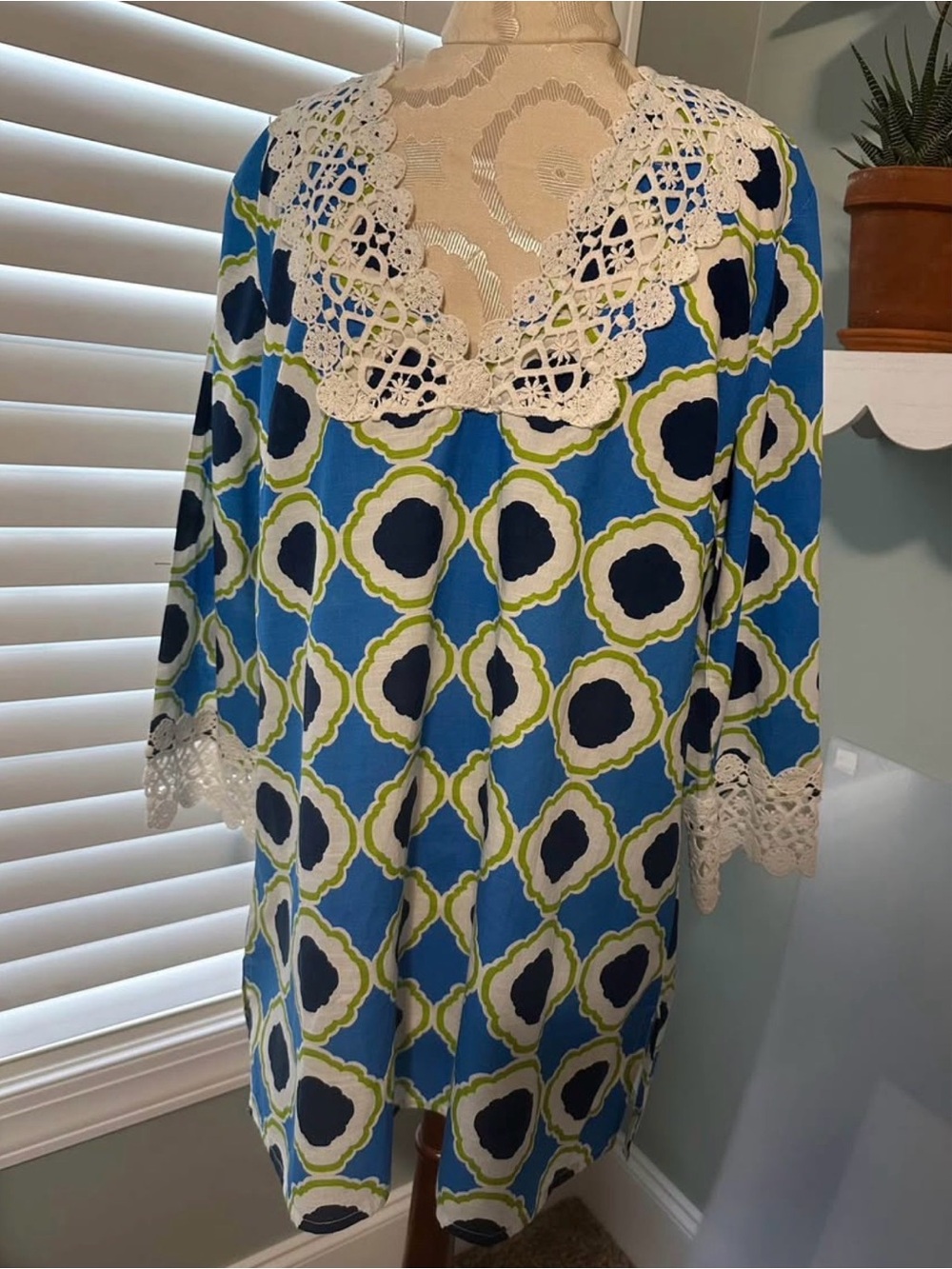 Mud Pie Blue Patterned Crochet-Trim Tunic